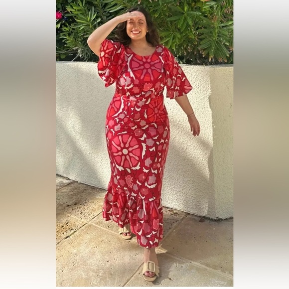 Rhode x Target Midi Red Floral Linen Blend Bell Sleeve Dress  size 18 - Picture 5 of 10